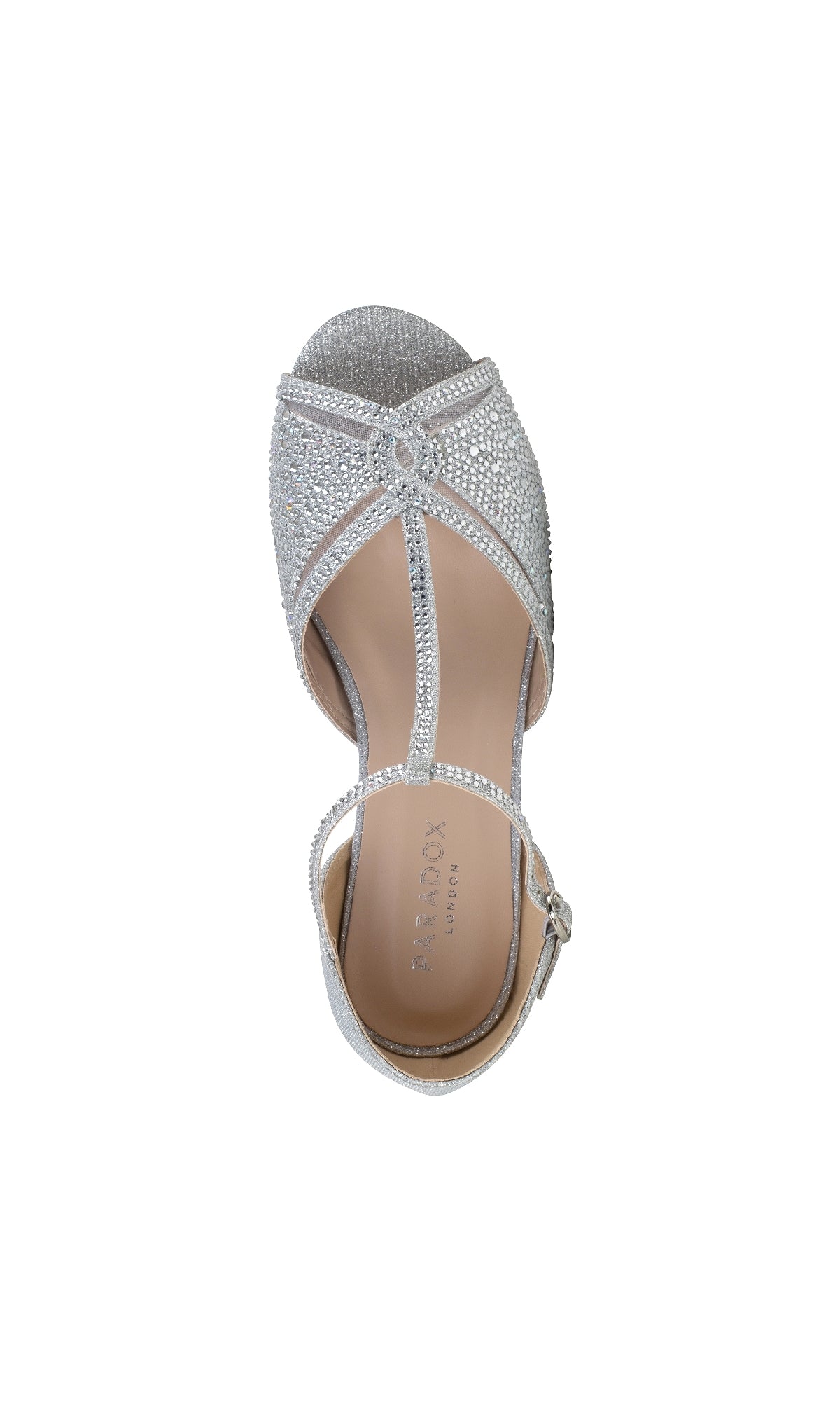 Top view of the Janelle Silver Prom Shoes by Paradox London (P2210), showcasing open-toe style, rhinestone accents, T-strap design, low wedge heels, and an ankle buckle closure.
